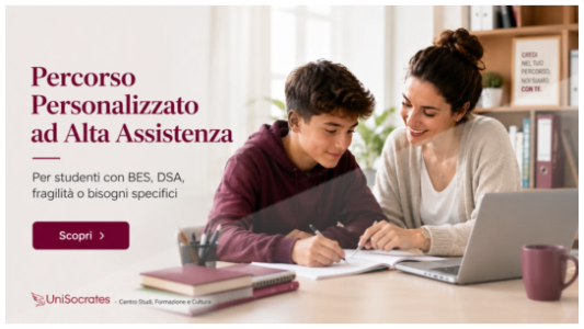 Percorso UniSocrates ad alta assistenza, online o in modalità mista, con tutoraggio rafforzato, lezioni e supporto personalizzato.