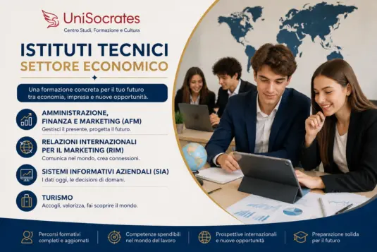Infografica UniSocrates sugli Istituti Tecnici del settore economico con indirizzi AFM, RIM, SIA e Turismo.