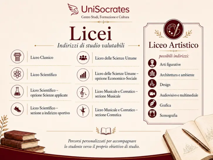 Infografica UniSocrates con i principali indirizzi liceali valutabili per percorsi personalizzati di recupero anni scolastici.